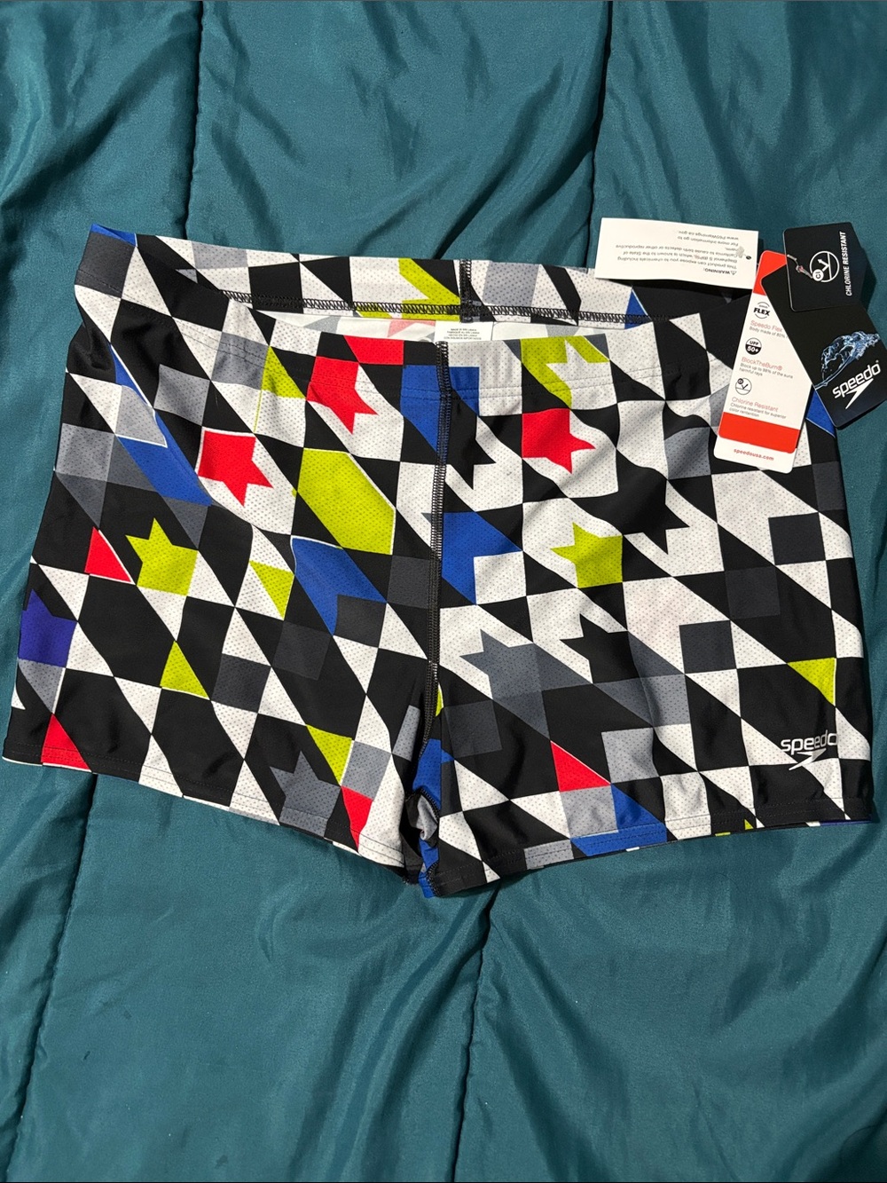 Speedo Black Multicolor Geometric Swim Shorts with Blue, Red, Lime Accents - XL